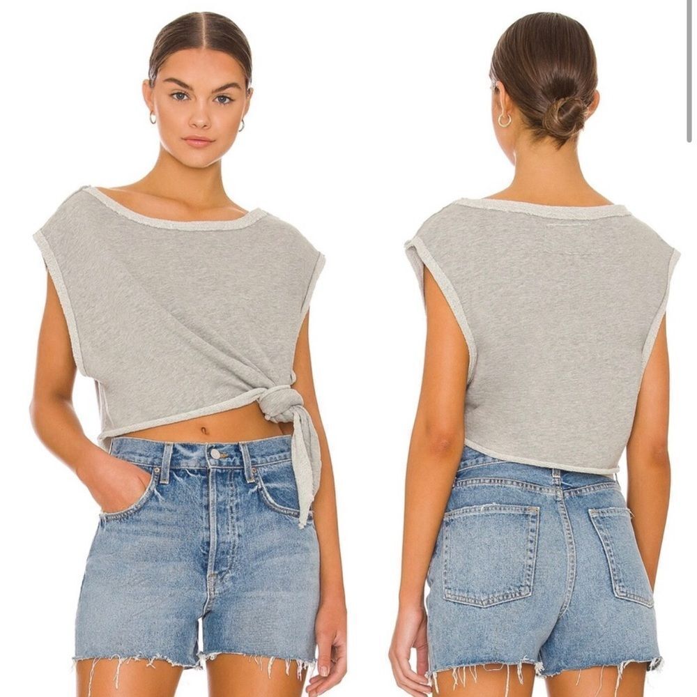 Free People Fresh to Def Pullover front tie crop oversized tank Heather Gray XS